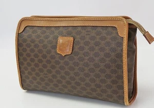 Authentic CELINE Brown Macadam Canvas and Leather Clutch Bag Purse #59475 - Picture 1 of 11