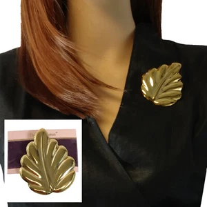 Large Oversized Nature Fall Leaf Brooch Pin Shiny Gold Tone Retro 3" - Picture 1 of 4