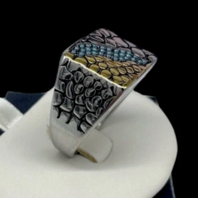 Anello Uomo colore argento oro e azzurro fantasia Marmo in acciaio inossidabile. - Immagine 1 di 4