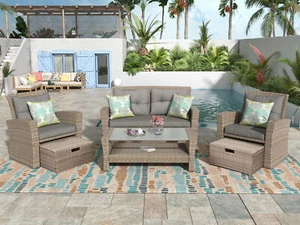 U-style Patio Furniture Set, 4 Piece Outdoor Conversation Set All Weather Wicker - Picture 1 of 12
