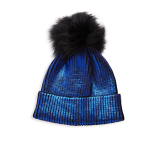 New Womens Adrienne Landau Real Fox Fur Pompom Metallic Blue Beanie Hat 