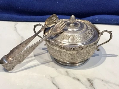 Hand Engraved Middle Eastern Sugar Bowl & Tongs 84 SOLID Silver 302.28 grams - Image 1 of 4