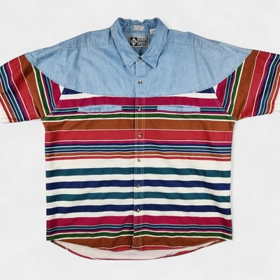 Vintage Double Impact Shirt Mens 1X Multicolor Striped Denim Western Pocket 90s - Image 1 of 4