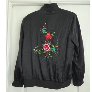 Notations Silk Black Butterfly Floral Embroidered Bomber Jacket Sz M Vintage Y2K - Picture 1 of 4