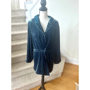 J.Jill Teal Blue Crushed Velvet Hooded Drawstring Snap Silk Blend Utility Jacket - Picture 1 of 8
