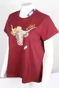 Ariat Women's Real T Shirt Daisy Steer Short Sleeve Tee Pomegranate 10043757 Cow - Picture 1 of 3