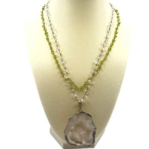 Geode Crystal Pendant Statement Necklace Green White Double Strand Boho Hippie - Picture 1 of 5