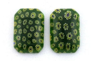 TWO 26MM x 17.5MM EMERALD GREEN WHITE FLOWER MILLEFIORI GLASS CABOCHON MC2 - Picture 1 of 1