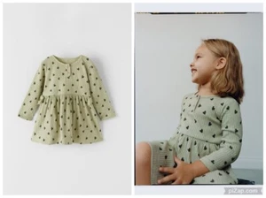 GIRL'S ZARA GREEN RIBBED HEART PATTERN BOW TRIM DRESS 3905/503 4-5 - Picture 1 of 11
