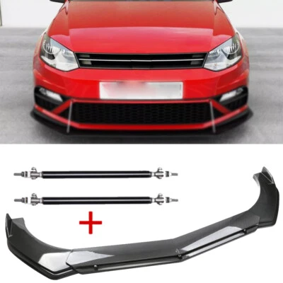 Front Bumper Lip Splitter Spoiler + Strut Rods for Volkswagen Polo Carbon Style Foto 1 de 4