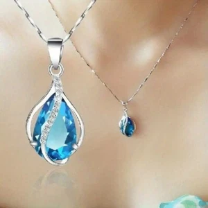 Teardrop Cut Aquamarine Cubic Zirconia Pendant Necklace For Women - Picture 1 of 6