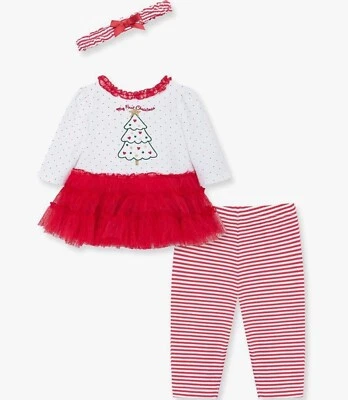 Little Me Girls Shirt Tulle Tutu, Pants, Bow 3m Outfit 3pc Red First Christmas - Image 1 of 4