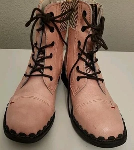 TMA EYES Woven Pattern Lace-up Patchwork Ankle Women's Boots Pink 8.5 Worn Once - Picture 1 of 9