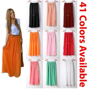 Damen Maxirock doppellagig Chiffon plissiert Retro langes Kleid elastische Taille Neu - Bild 1 von 44