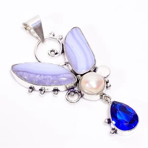 Blaue Spitze Achat Saphir Perle Modeschmuck 925 Silber Anhänger ARP-394 - Bild 1 von 3