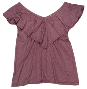 PLEIONE Womens Off Shoulder Blouse Top Double V Red White stripe Sz Small S - Picture 1 of 12