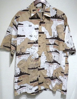 Camisa Hawaiana De Colección Hilo Hattie US NAVY SHIPS PEARL HARBOR XL ALTA Caqui Blanca Foto 1 de 4