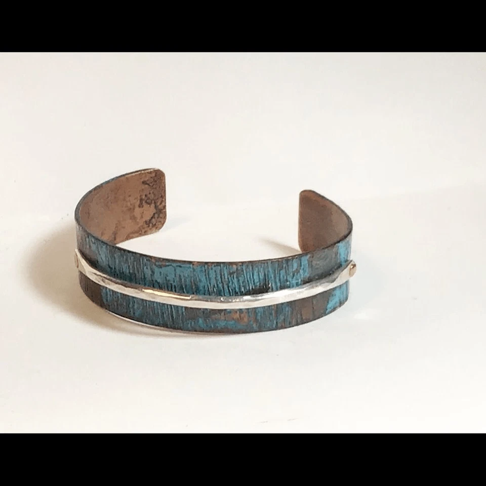 Brazalete de cobre y ley con pátina turquesa, NUEVO, hecho a mano Foto 1 de 4