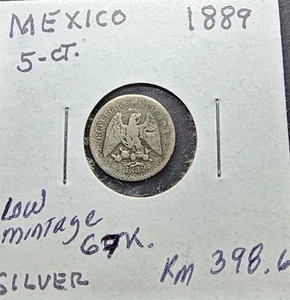 1889 Ho G MEXICO 5 Centavos Silver Coin - LOW MINTAGE 67,000 - Hermosillo Mint - Picture 1 of 9