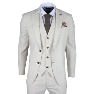 Men's 3 Piece Beige Wedding Formal Jacket Waistcoat Trouser Wedding Suit - Picture 1 of 7