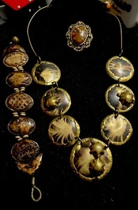 Brown Costume Jewelry Earth Tone Stones Necklace Bracelet Brooch Pin - Picture 1 of 2