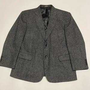Vintage Tweed Blazer Mens 44S Grey Wool Jacket Herringbone 90s Y2K Retro - Picture 1 of 13