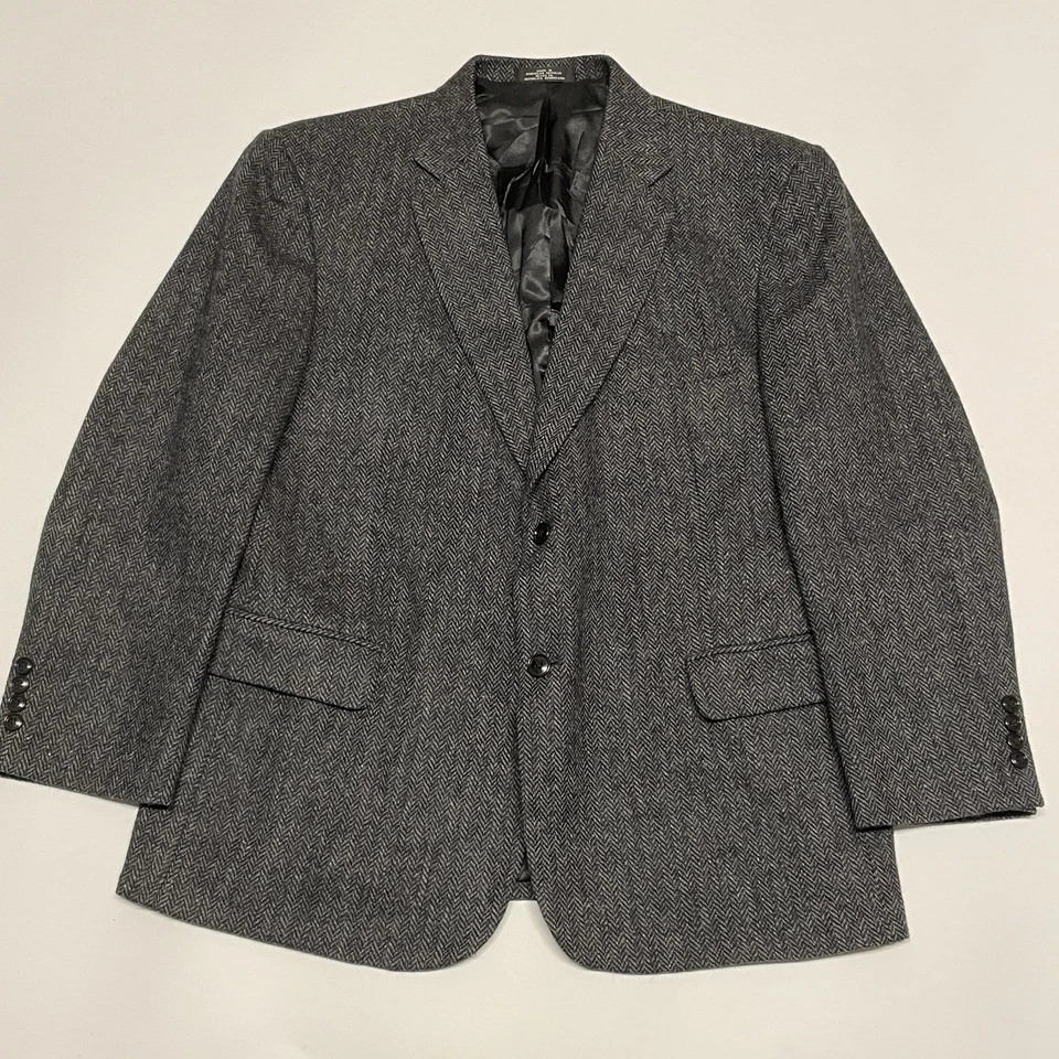 Vintage Tweed Blazer Mens 44S Grey Wool Jacket Herringbone 90s Y2K Retro - Image 1 of 4