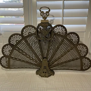 Vintage Victorian Brass Fireplace Fan Peacock Folding Screen Ornate Art Deco - Picture 1 of 18