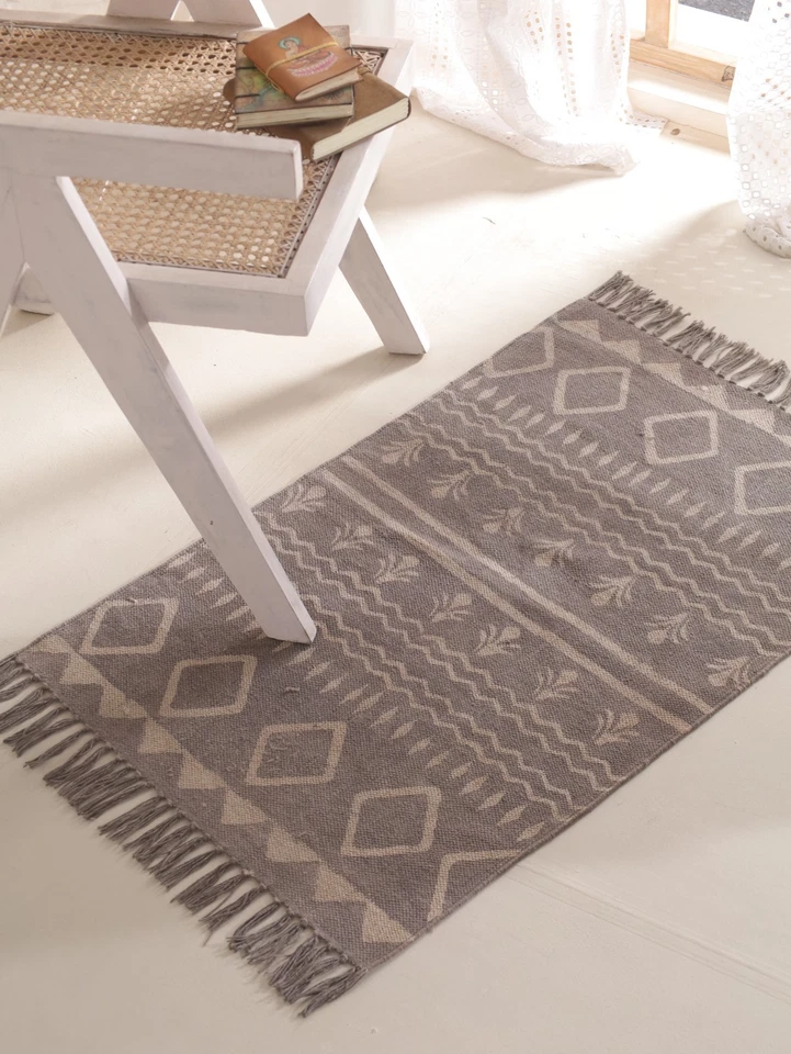 Moroccan Style Cotton Rug Hand Block Printed Bedroom Kitchen Decor Area Carpet - Image 1 of 4