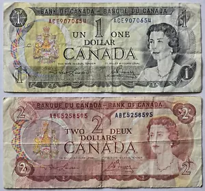 Bank of Canada Banknotes - 1973 $1 (One Dollar) & 1974 $2 (Two Dollar) Bills - Picture 1 of 2