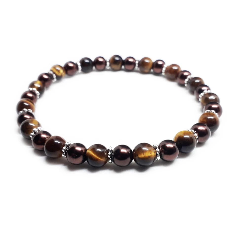 Bracciale con pietre dure OCCHIO DI TIGRE perle marrone Uomo Donna braccialetto - Immagine 1 di 3