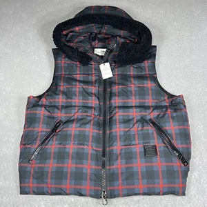 COACH Vest Puffer Jacket Womens Large Navy Crimson Plaid Quilted Down RILEY $450 - Picture 1 of 11