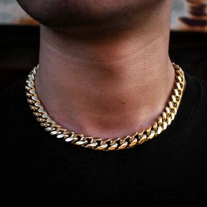 Miami Cuban Link Chain 1ct Diamond Clasp 18k Yellow Gold Heavy Necklace Choker - Picture 1 of 4