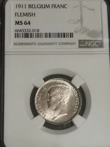 Belgium 1 Franc 1911 Flemish Albert I NGC MS64 TOP POP - Picture 1 of 3