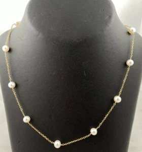 JEWELMAK 14K YELLOW GOLD 11 STATION FRESHWATER CULTURED PEARL NECKLACE 15” - Picture 1 of 3