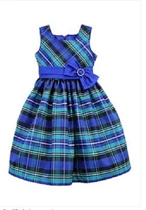 New Jayne Copeland Girls Dress Blue Taffeta Plaid Bow Sash Party Wedding SZ 4 5 - Picture 1 of 4