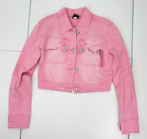 Y2K Vintage Fubu M Cropped Distressed Pink Denim Jeansjacke Stretch - Bild 1 von 9