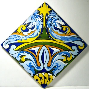 Vintage 8" Tile Gargoyles or Creatures SPAIN Blue, Yellow, Green, Goats? - Picture 1 of 2