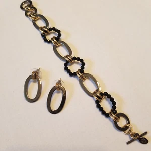 Cookie Lee Link Chain Bracelet & Ear Rings Black Beads Silver & Gold Tones - Picture 1 of 7