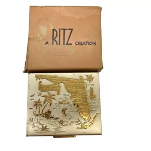 VTG Ritz Florida Compact Souvenir gold tone Powder makeup 1960s Box - Picture 1 of 15