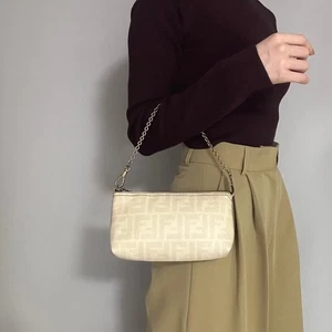 FENDI Hand Shoulder bag Zucca Chain Purse Accessory Pouch PVC Leather Off White - Picture 1 of 24