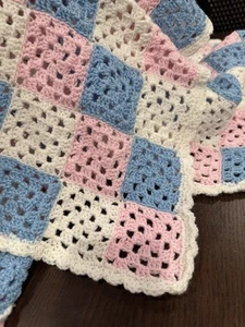 Vintage Handmade Granny Square Crochet Baby Blanket Pink Blue White 46” Square - Picture 1 of 4