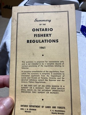 1961 Ontario  Fishery Regulations  "folded page into a booklet" - Image 1 of 4