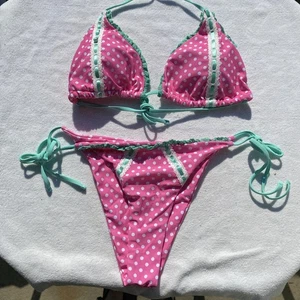 L To XL Pink Polka Dot W/ Turquoise Trim Bikini Triangle Top Tie Side Bottoms - Picture 1 of 10