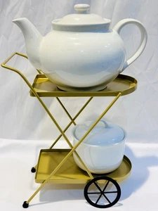 Carrito de té y tetera de cerámica con azucarero Corning con tapa paquete dorado y blanco - Imagen 1 de 3