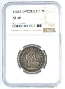 1908 B Switzerland 2 Franc Certified NGC XF 40 KM# 21 Silver Coin Slabbed - Picture 1 of 4