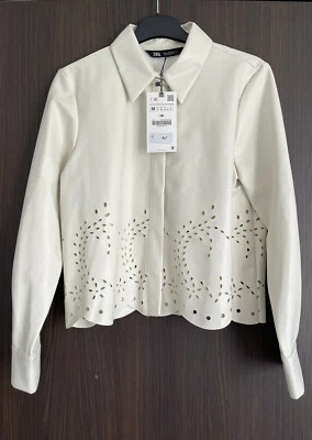 ZARA ECRU NATURAL SOFT FAUX LEATHER COLLARED OVERSHIRT WITH CUTWORK HEM SIZE M - Image 1 of 4