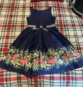 JANIE AND JACK GIRLS NAVY BLUE DRESS SIZE 12 SPRING 2017 FLORAL STRIPE - Picture 1 of 9