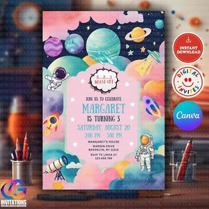 Editable Space Birthday Invitation Template, Planet Galaxy Girls Party Invite - Picture 1 of 7