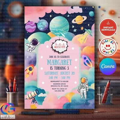 Editable Space Birthday Invitation Template, Planet Galaxy Girls Party Invite - Image 1 of 4